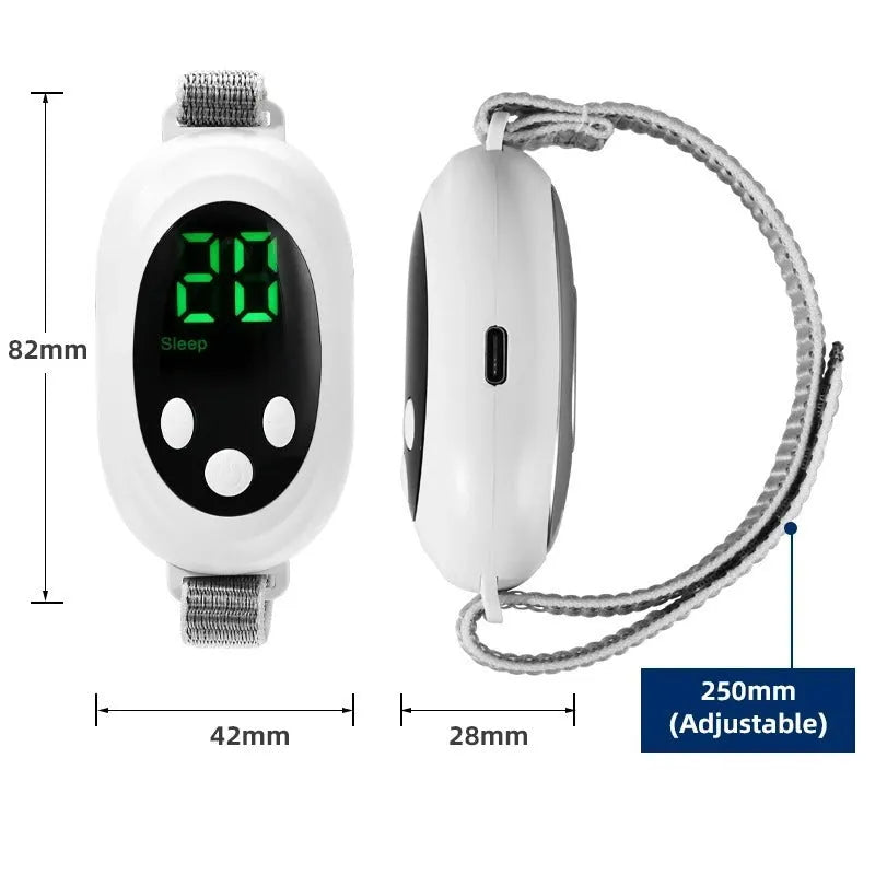 White handheld sleep aid remote control device with USB charging port on a bedside table.