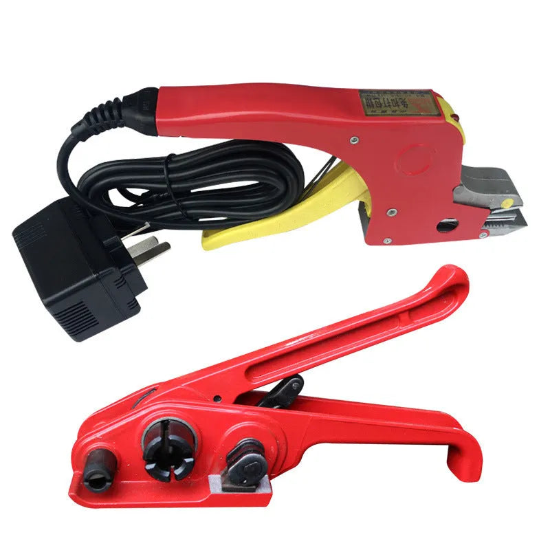 Electric hot melt packing machine set with plastic steel tensioner and yellow packaging tape for securing loads up to approximately 50 jin, using hot melt tongue mechanism compatible with 0.8mm-1.2mm thick PP straps and transparent belts.
