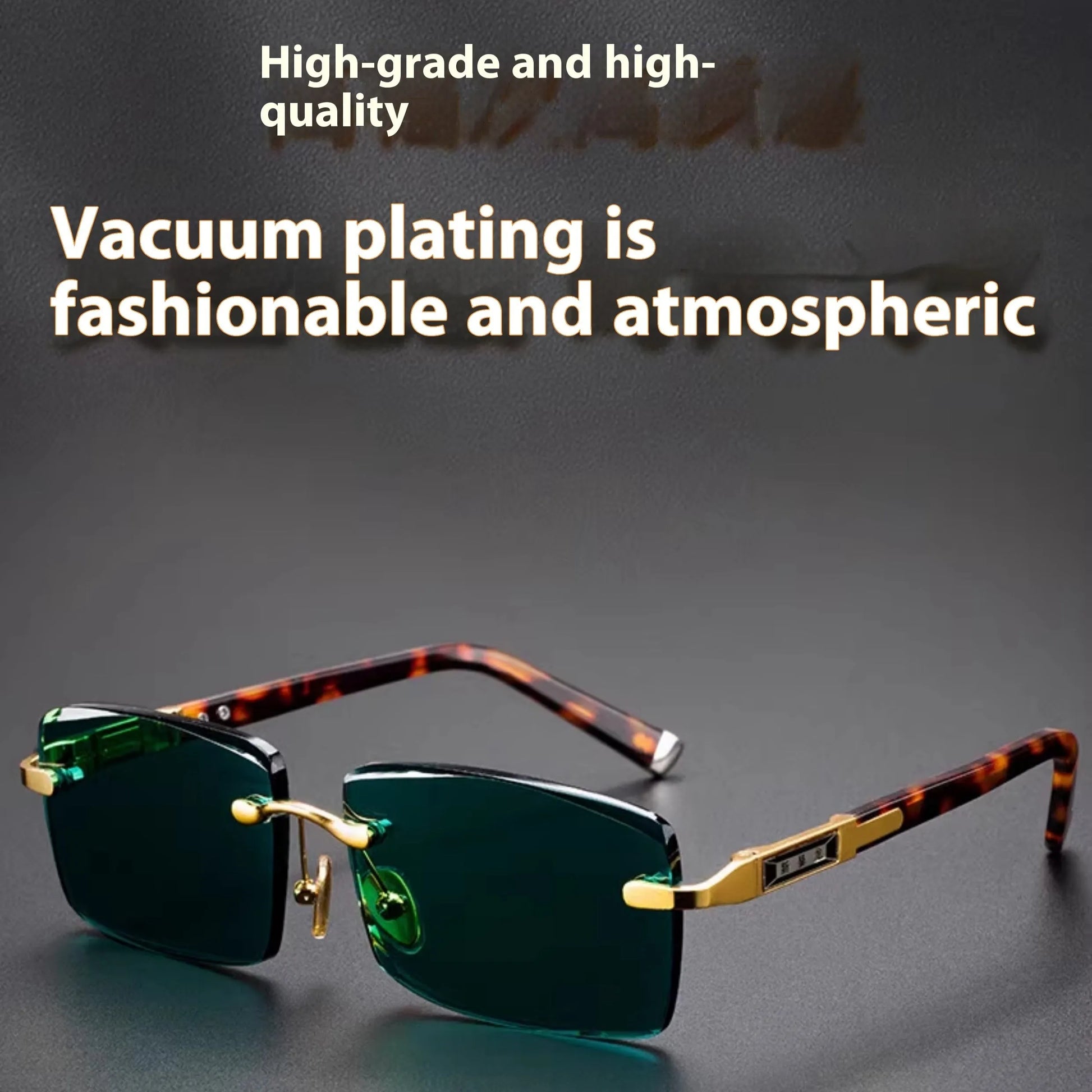 Dark green frameless crystal glasses with sunshade lenses, case, and cloth