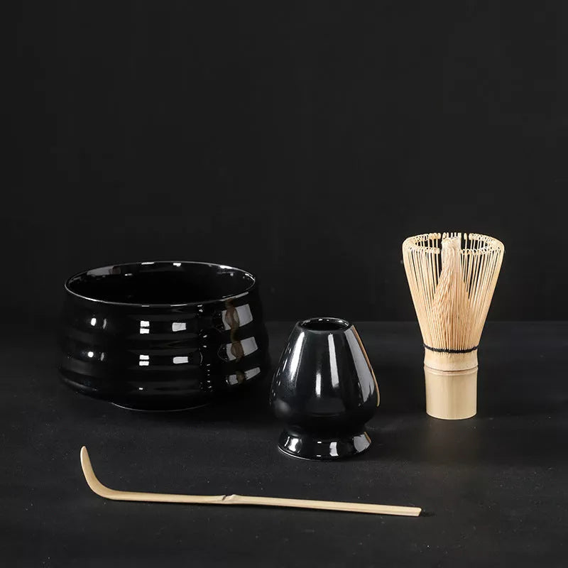 Japanese Matcha Tea Set with ceramic bowl and brush in clear glaze