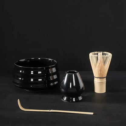 Japanese Matcha Tea Set with ceramic bowl and brush in clear glaze
