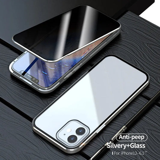 Magnetic privacy glass iPhone case showing anti-spy screen protection and metal frame with colour options