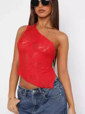 A stylish backless lace top in various colors with an asymmetrical sloped neckline and waistless design, perfect for summer streetwear fashion.