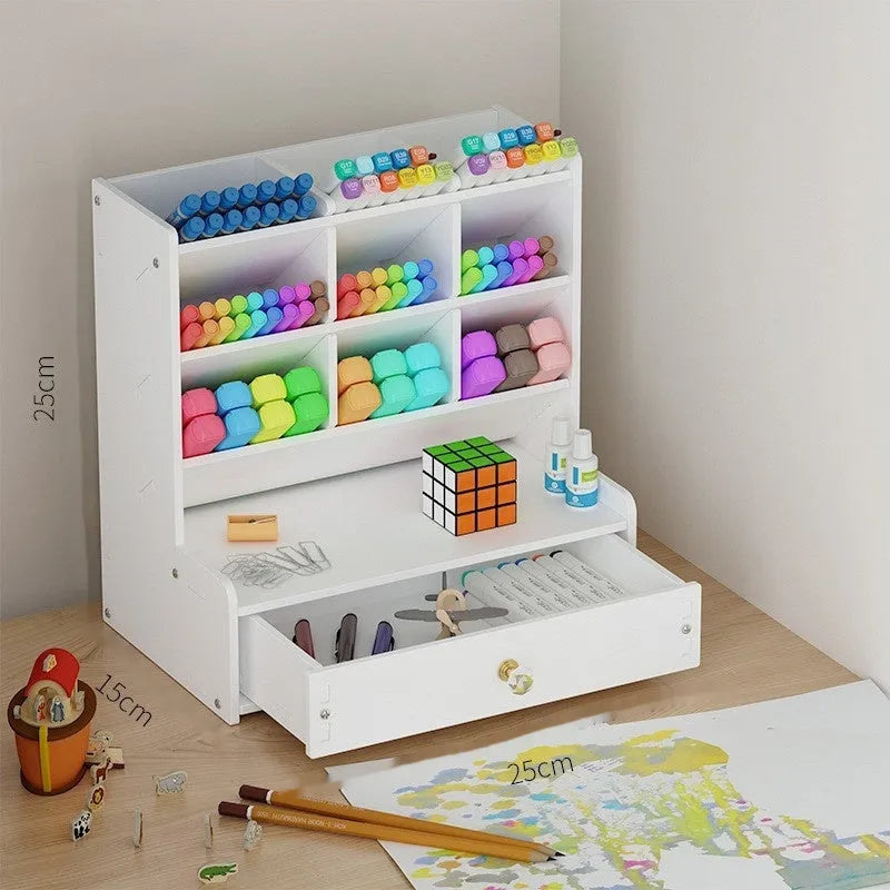 Square plastic pen holder storage box with multiple grid compartments for stationery organisation.