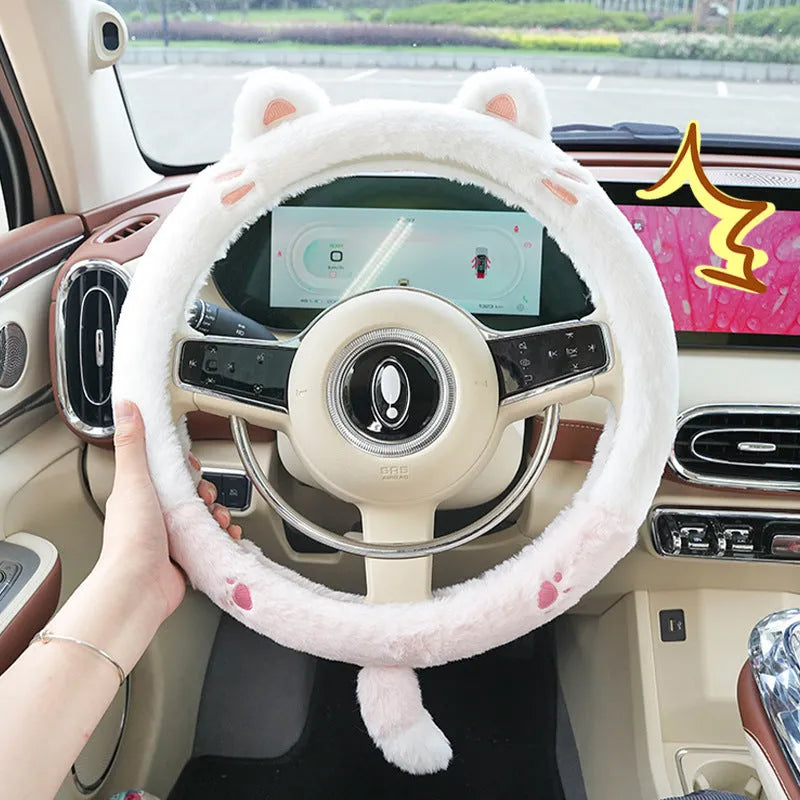Plush steering wheel cover with rabbit fur embroidery showing cartoon animal design on 38cm diameter