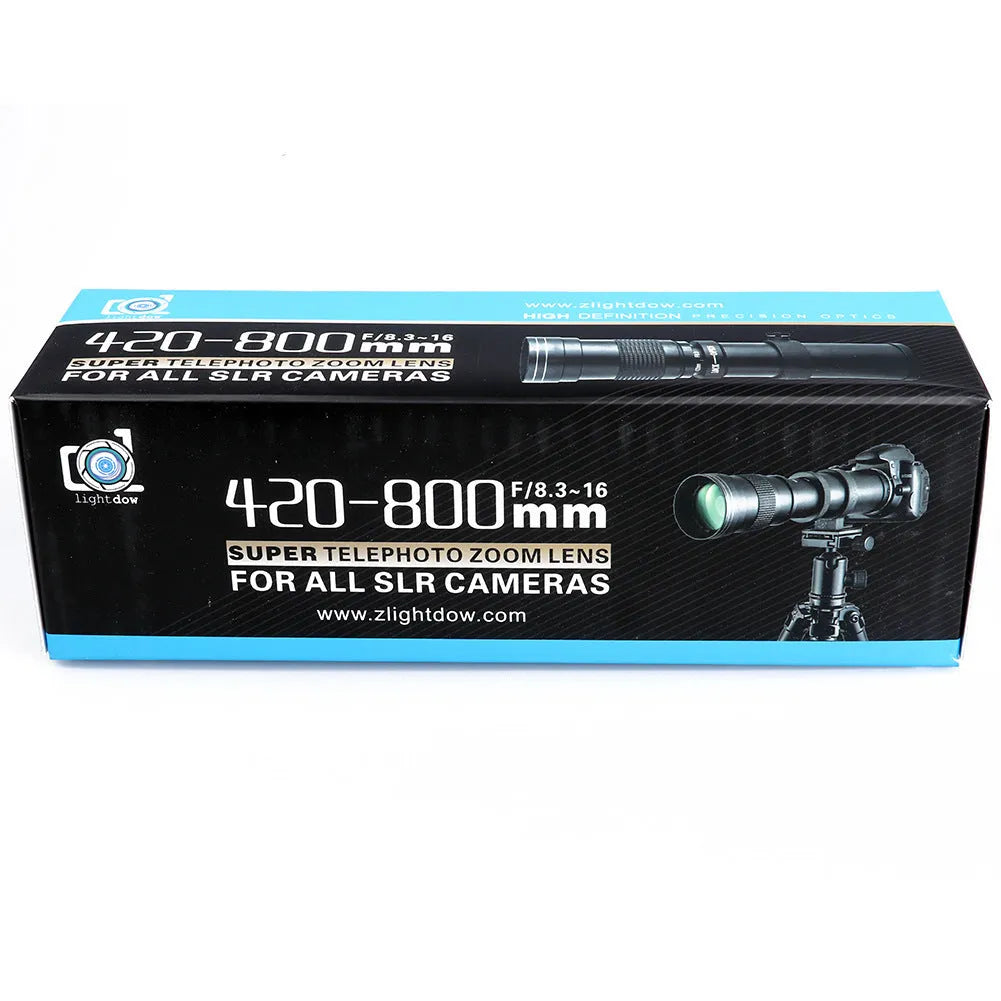 420-800mm manual telephoto zoom camera lens with silver barrel and T-mount adapter ring.