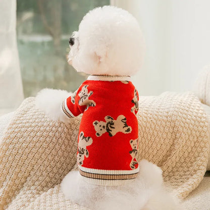Bear pattern dog sweater in beige or red, lightweight polyester pullover for small dogs and cats, sizes XS to XL