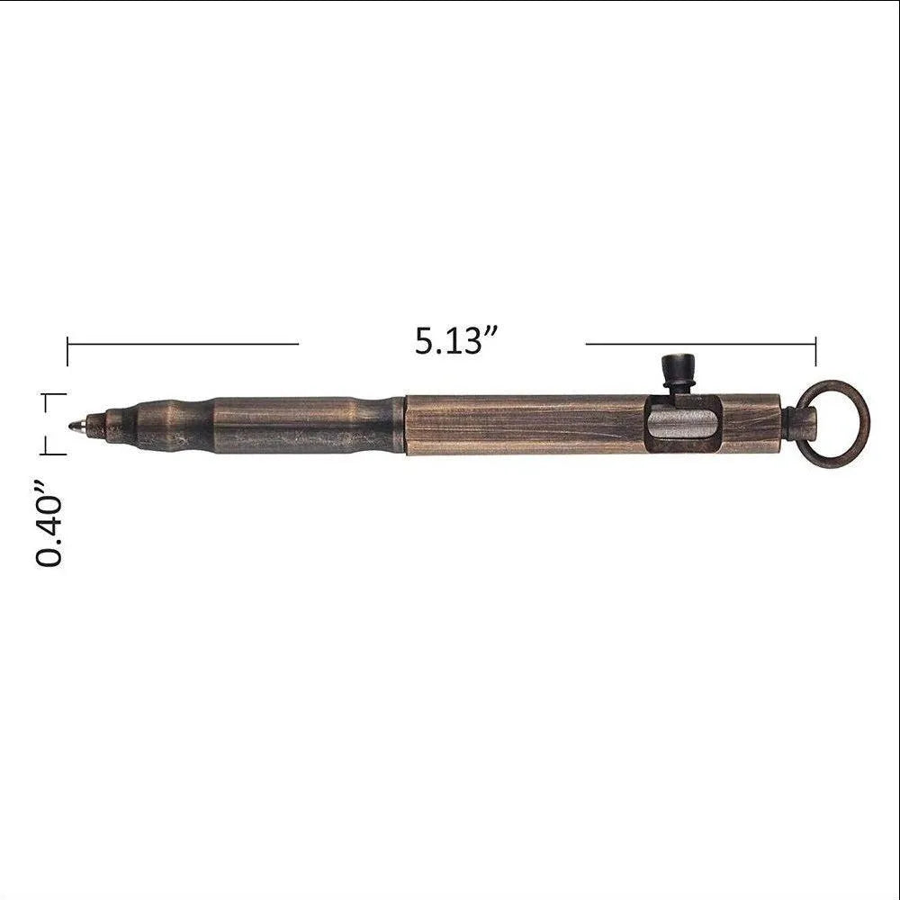 Brass tactical pen with hexagonal bolt design showing natural brass colour option
