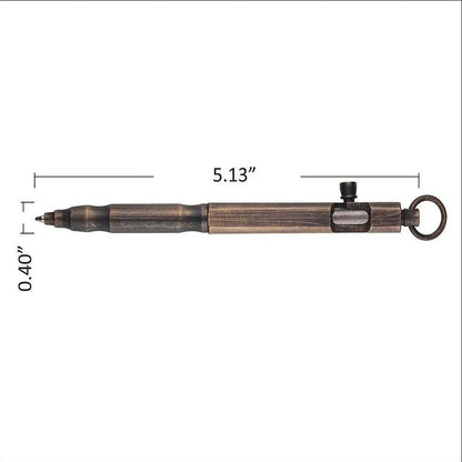 Brass tactical pen with hexagonal bolt design showing natural brass colour option