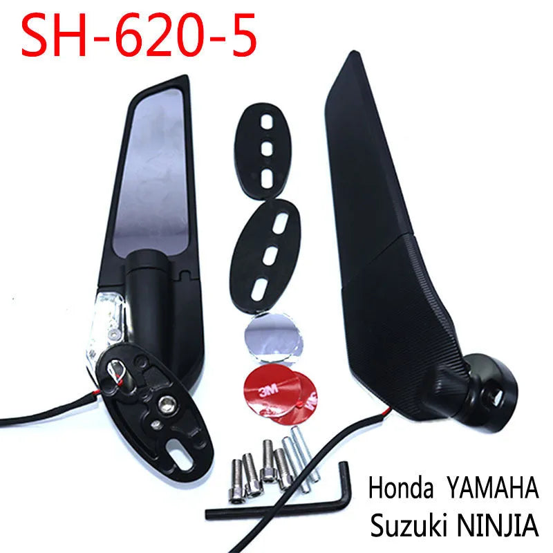 Motorcycle spoiler rearview mirror with yellow LED light strip and convex glass lens