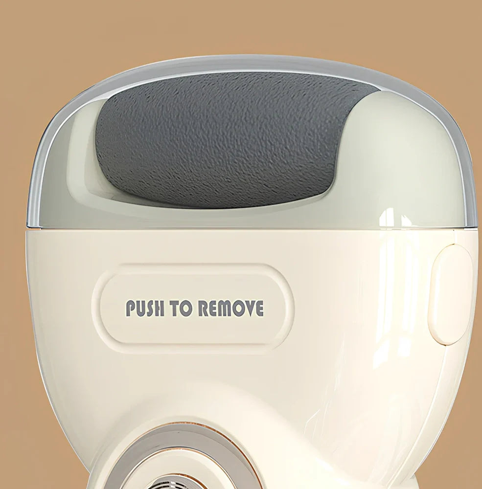 Electric foot grinder with three grinding heads in beige, green, and purple colour options