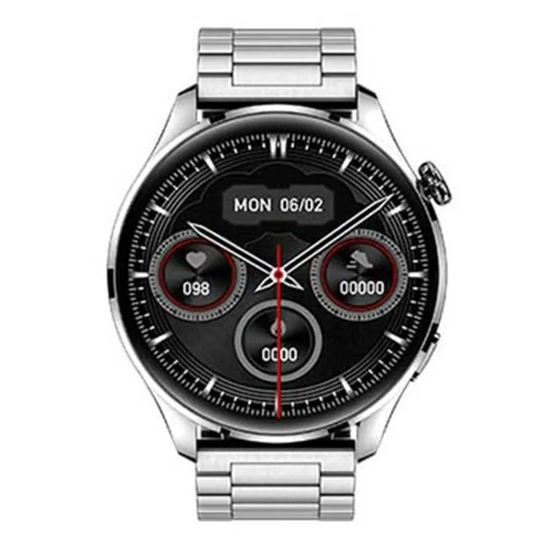 Smart watch with round colour screen, zinc alloy case, and silicone strap, showing Bluetooth calling and access control features