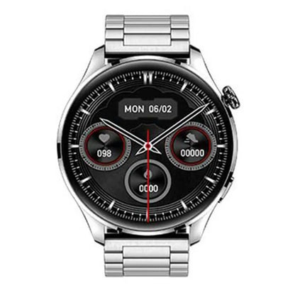Smart watch with round colour screen, zinc alloy case, and silicone strap, showing Bluetooth calling and access control features