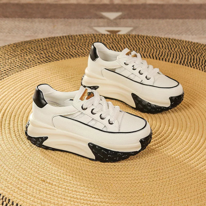 Women's retro thick-soled hollow sneakers in black, white, red, and yellow