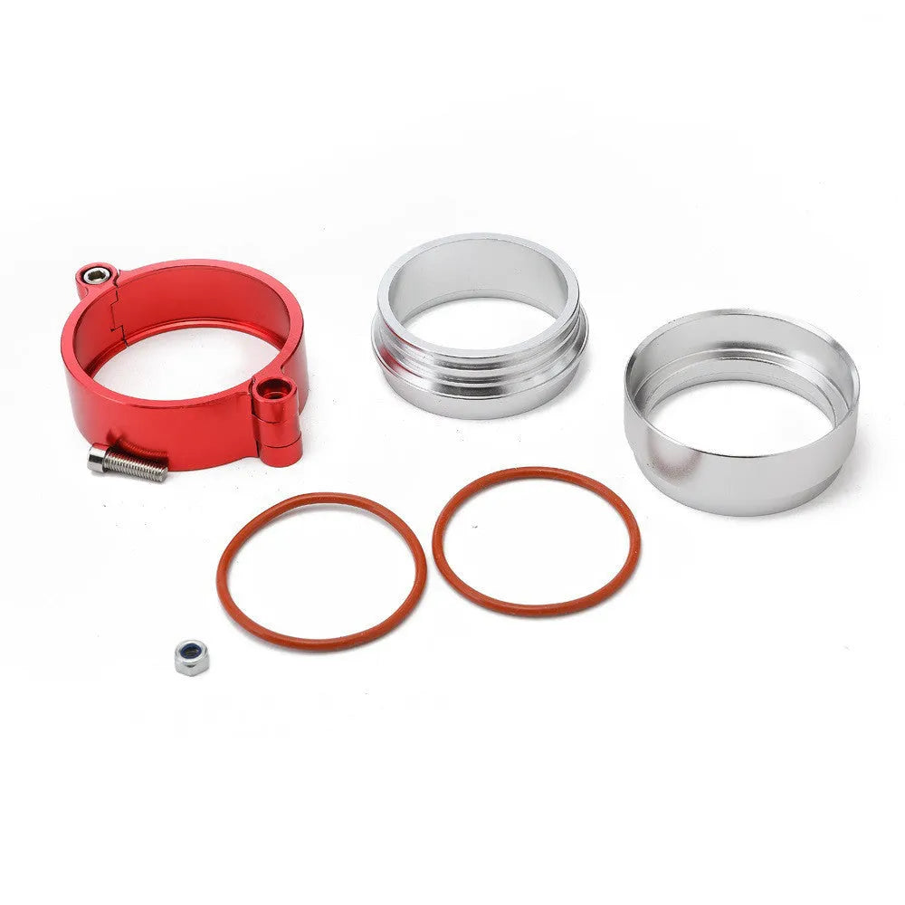 Aluminium fixed movement clamp for turbine exhaust downspouts in black, blue, or red colours showing 800psi pressure rating