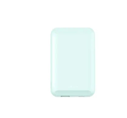 Magnetic wireless power bank showing five colour options with 5000mAh capacity and compact dimensions
