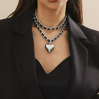 Double-layer chains heart pendant necklace in gold and white, street punk style fashion jewelry