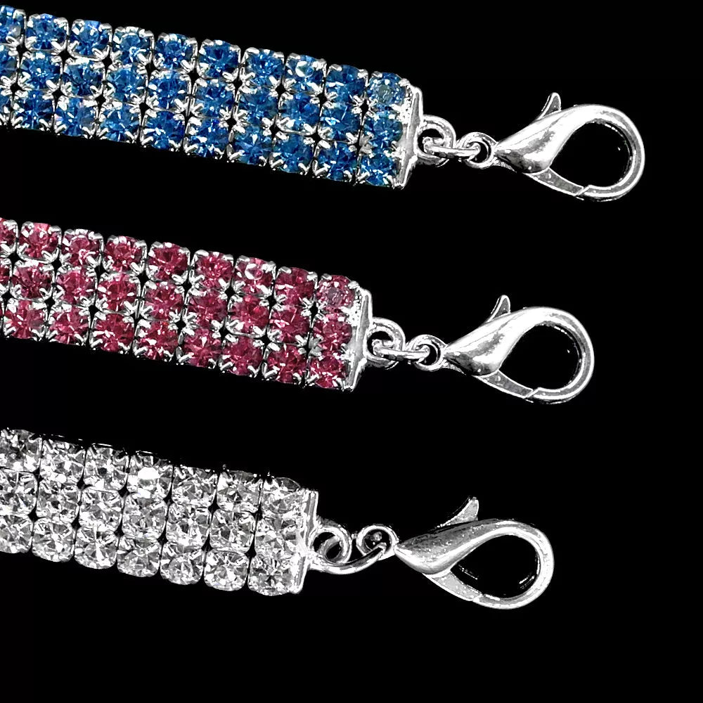 Adjustable bling rhinestone dog collar for small to medium pets in blue, white, and pink