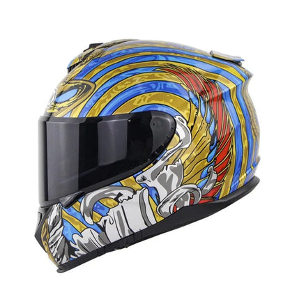 Motorcycle full face helmet with double lens in ABS construction showing colour variant options
