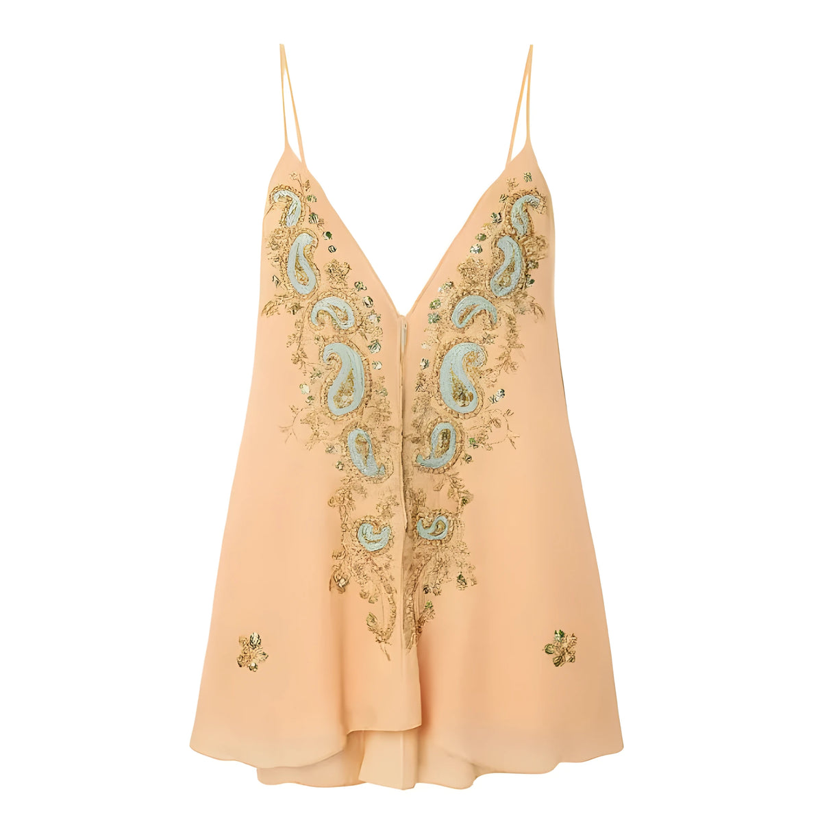 Light yellow women's sleeveless V-neck strap dress with ethnic print pattern.