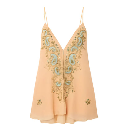 Light yellow women's sleeveless V-neck strap dress with ethnic print pattern.
