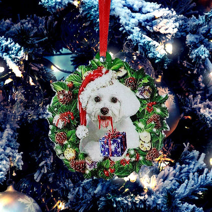 Hand-painted wooden Christmas ornament with geometric design and picture color