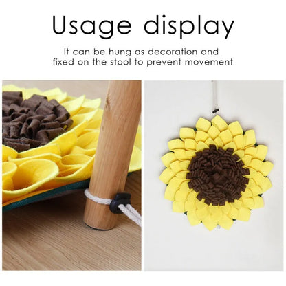 Yellow sunflower-shaped dog snuffle mat for slow feeding and nosework training on a floor.