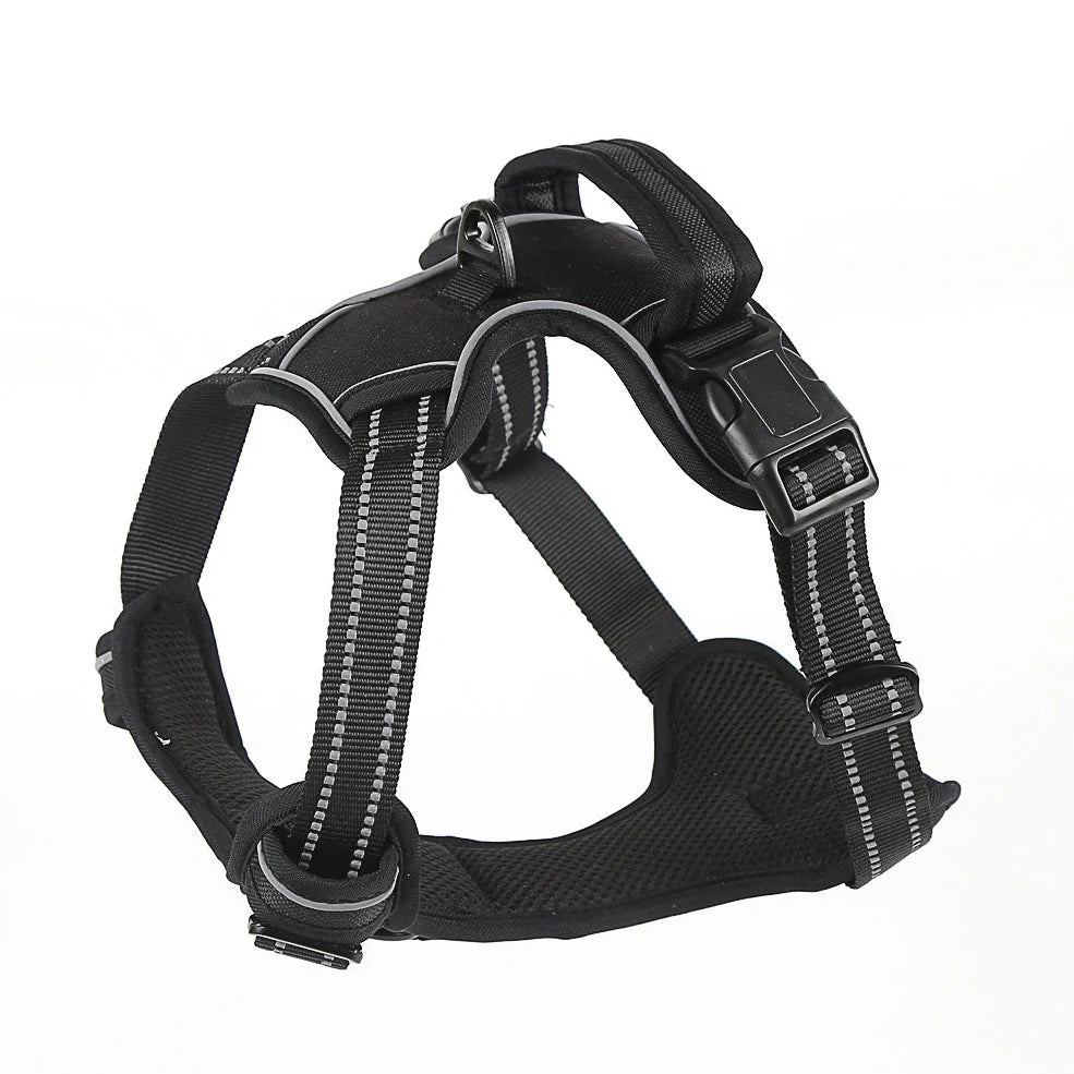 Dog harness with reflective elements and adjustable chest strap in black, red, or fluorescent orange