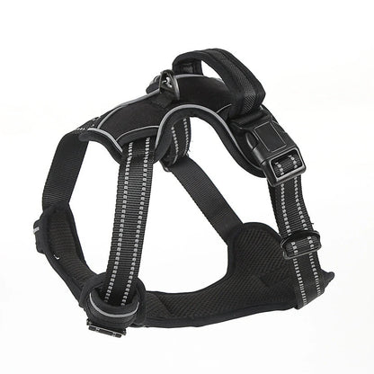 Dog harness with reflective elements and adjustable chest strap in black, red, or fluorescent orange