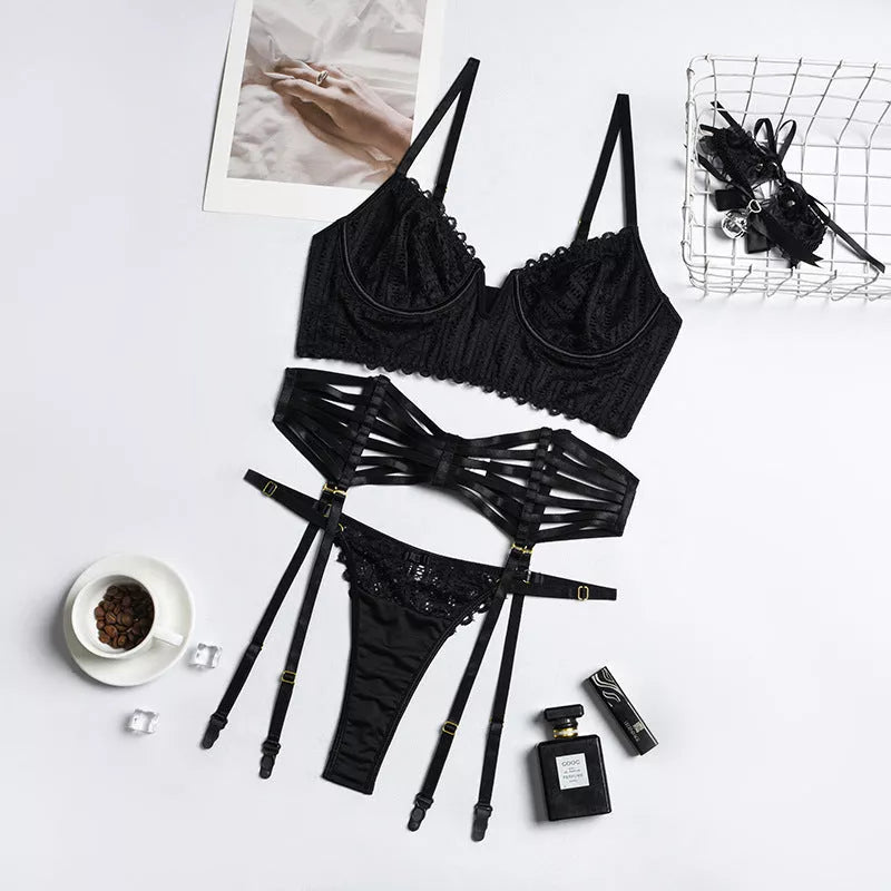 Black sculpting V-neck lingerie set with cross-body straps