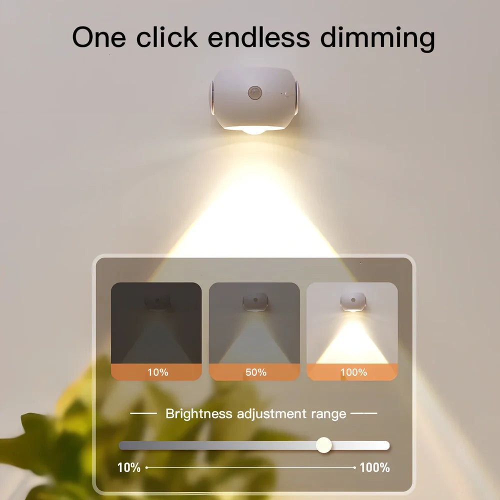 Adjustable angle human sensing wall light with rotating head and adhesive mounting for corridors