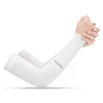 UV protection ice silk oversleeves in floral pattern covering forearm and elbow