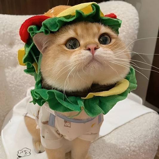 Burgerthemed fabric cat headdress collar with adjustable strap in yellow cheese, lettuce, patty, and tomato design