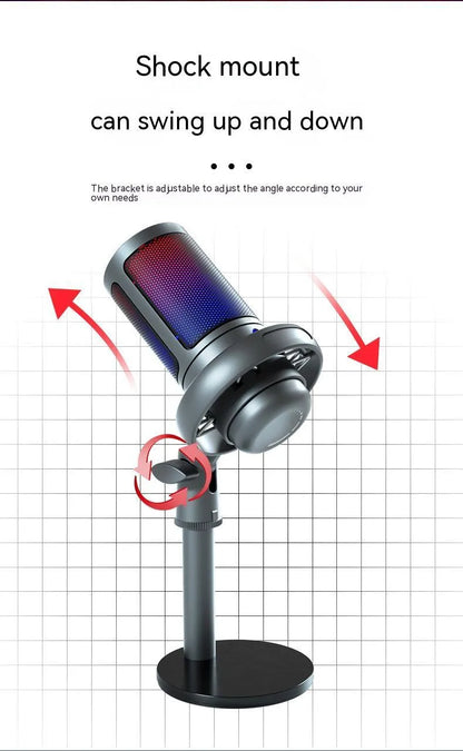 RGB USB condenser microphone in black, white, or pink colours with a 150 cm cable.