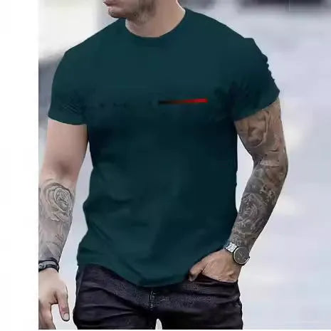 Men's slim-fit 3D printed graphic T-shirt on a hanger showing short sleeves.