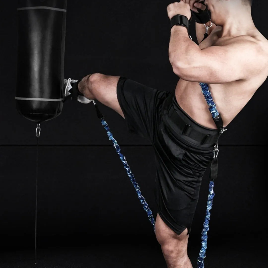 Fitness Bounce chest expander elastic belt with TPE tube in red, blue, black, and green resistance variants