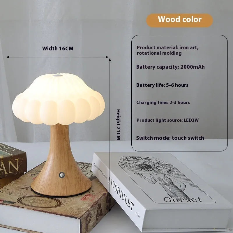 Mushroom-shaped touch lamp with USB charging port, 16cm diameter, in wood grain finish