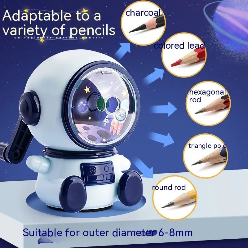 Blue astronaut manual pencil sharpener with anti-jam function for children