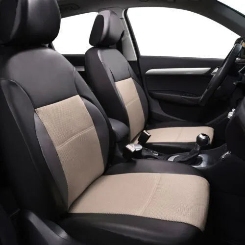 Artificial leather car seat covers in black, showing 9-piece set with headrest and seat protection on a 5-seater car