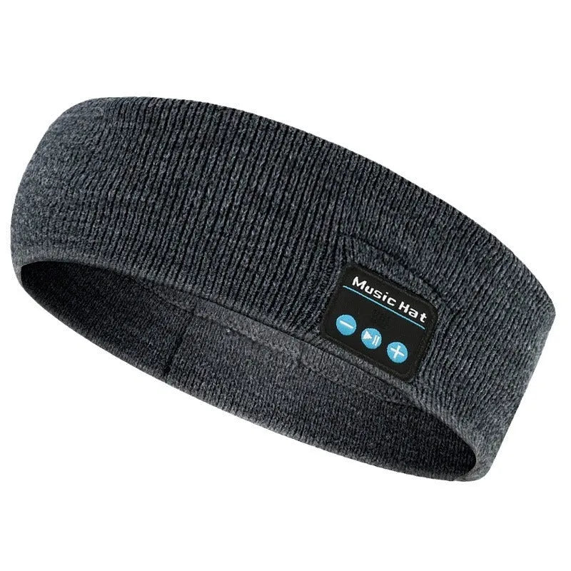 Bluetooth 5.4 head band with eye mask and sports scarf functions in black, dark grey, or grey-white colours