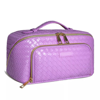 Large-capacity waterproof cosmetic bag with multiple storage compartments in purple and orange