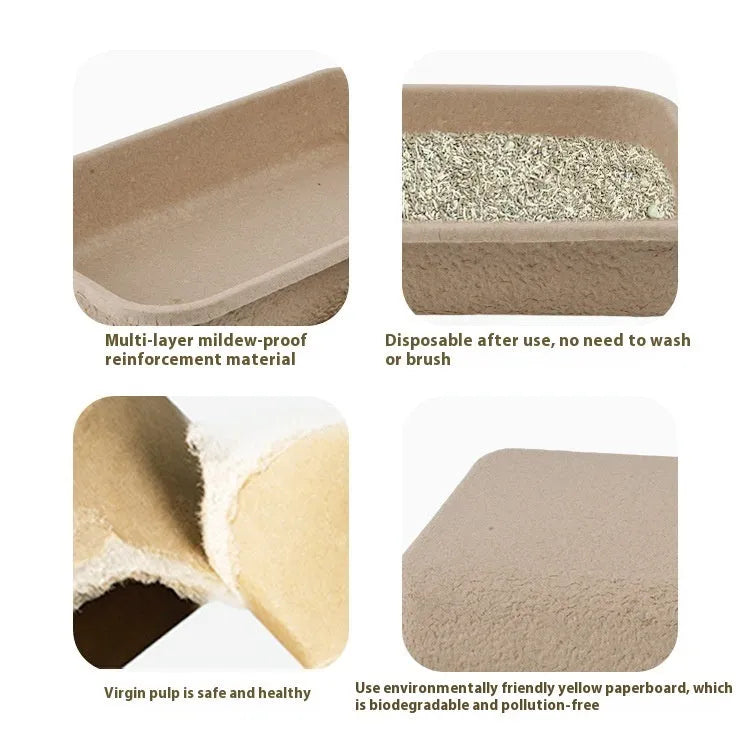 Brown disposable biodegradable cat litter box shown in three different sizes.