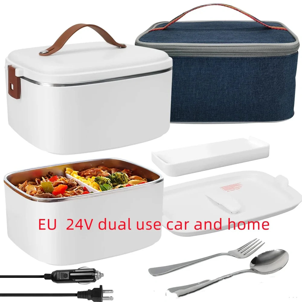 White car heating lunch box with stainless steel interior showing power cords and utensils