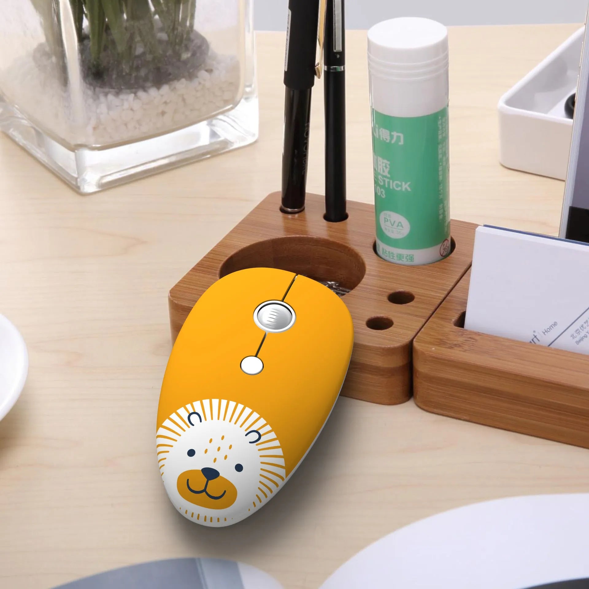 Wireless mini mouse with cartoon animal design showing compact 10.55cm width and USB receiver