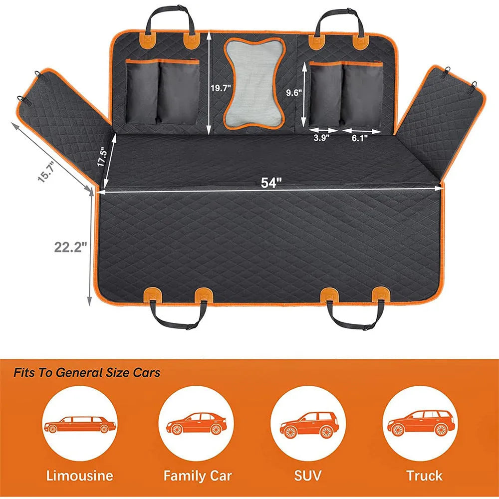 Black and orange edge waterproof dog car seat mat measuring 147x137cm with mesh window and accessory pocket