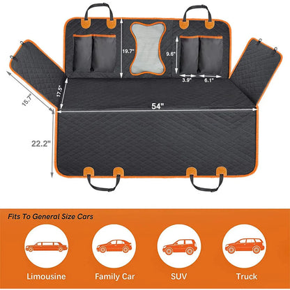 Black and orange edge waterproof dog car seat mat measuring 147x137cm with mesh window and accessory pocket