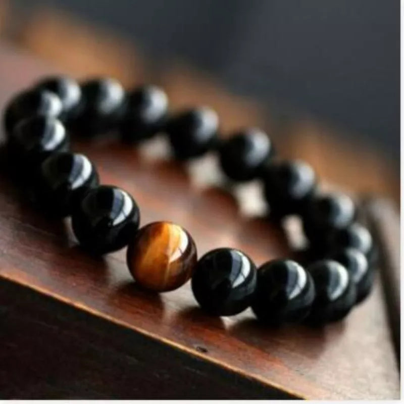 Natural Black Onyx and Tiger Eye Energy Bracelet with elastic rope