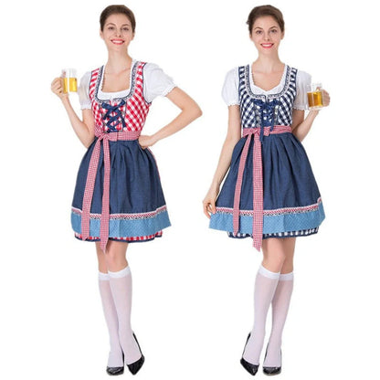 Bavarian Traditional Beer Dress in red with cotton blend fabric, includes top, skirt, and apron