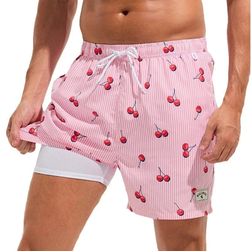 Men's loose quick-drying boxer swimming trunks in spandex fabric with various colour patterns