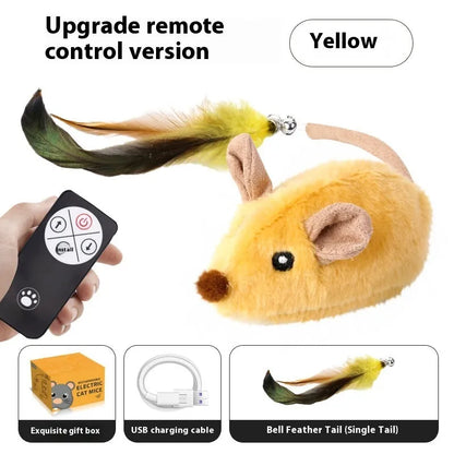 Intelligent charging simulation electric mouse cat teaser toy in gray or yellow with feather tail attachments